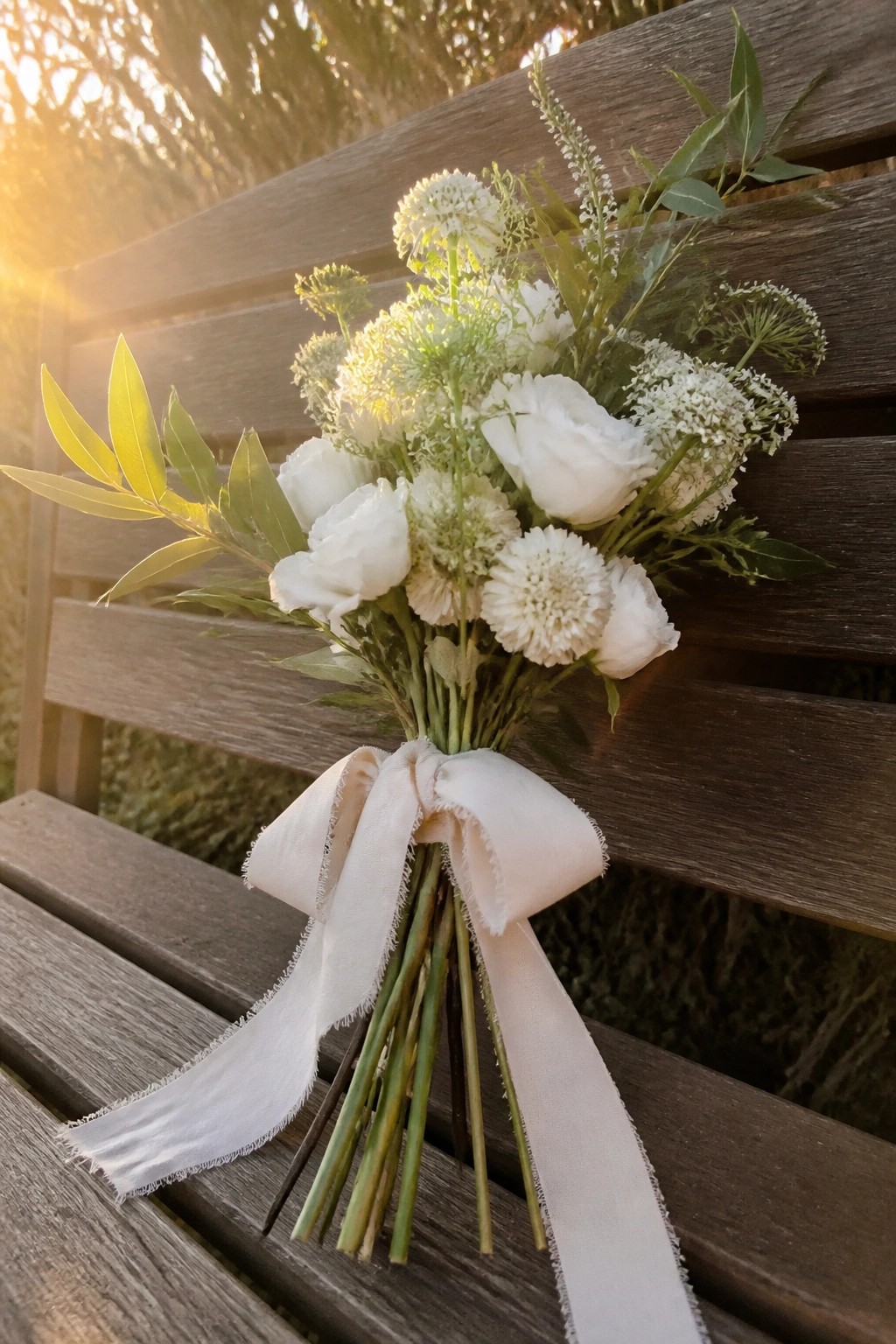 A white floral wedding bouquet with greenery and a white ribbon resting on a wooden bench in soft sunlight.