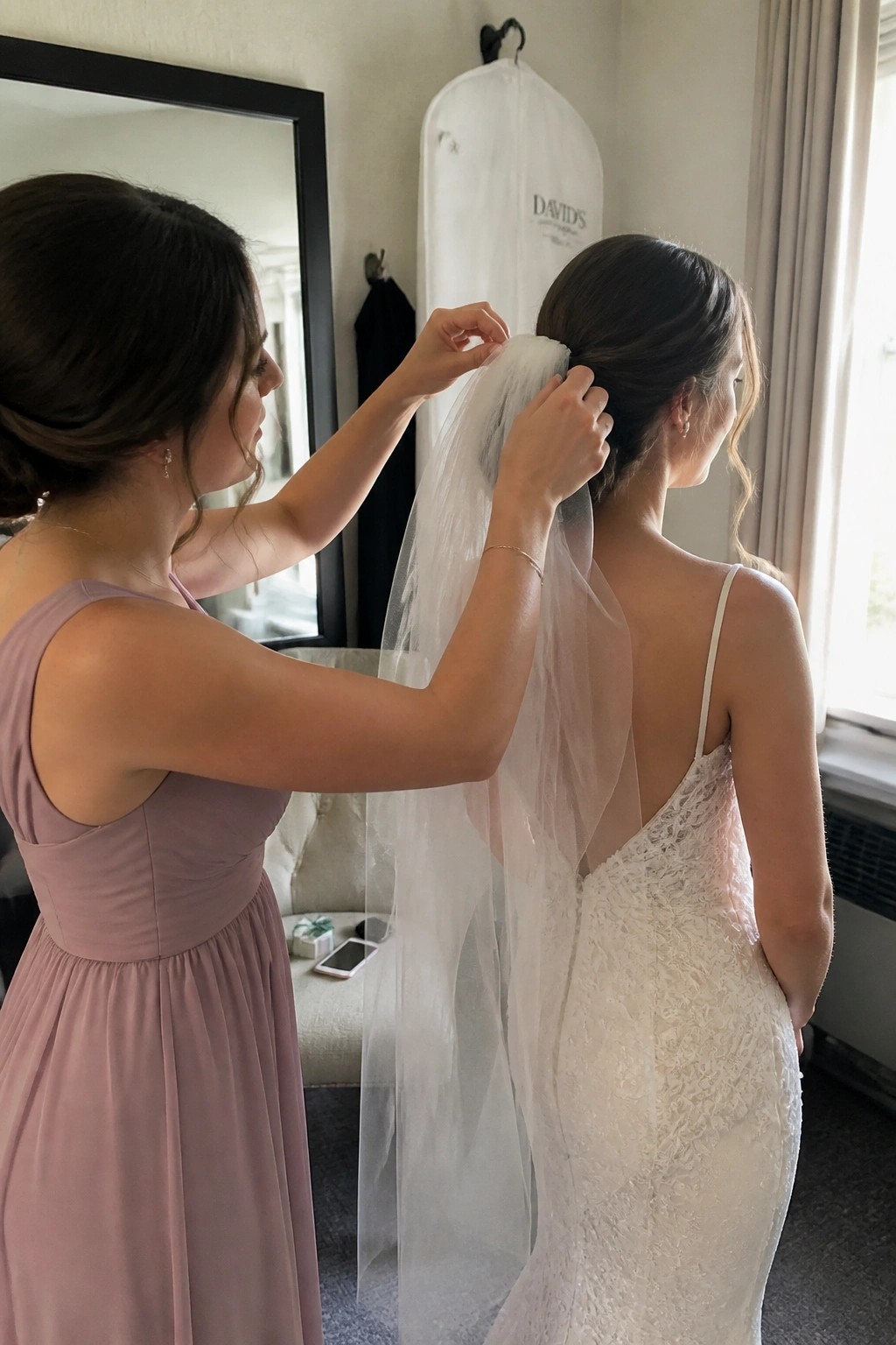 A bridesmaid in a dusty rose dress adjusts a long white veil on the bride who wears a lace wedding gown in a sunlit room with a mirror and garment bag visible.
