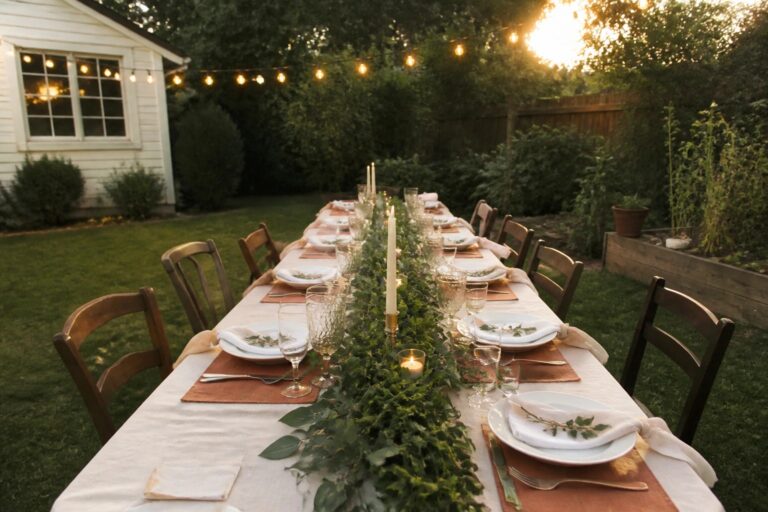 23 Unique Wedding Color Combinations to Refresh Florals, Tablescapes, Attire, and Invitations Outdoor wedding reception table at sunset with white linens terracotta runner lush greenery white candles and string lights