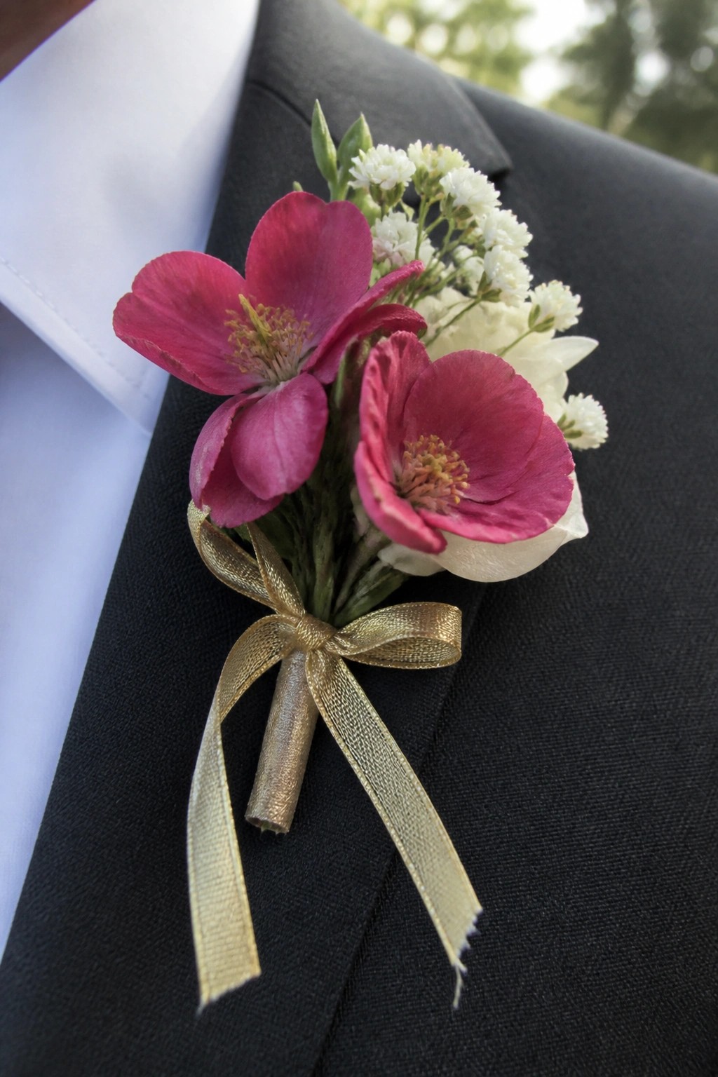 Close up of a wedding boutonniere with two magenta flowers, white filler blooms, and a gold ribbon bow pinned to a black suit lapel.