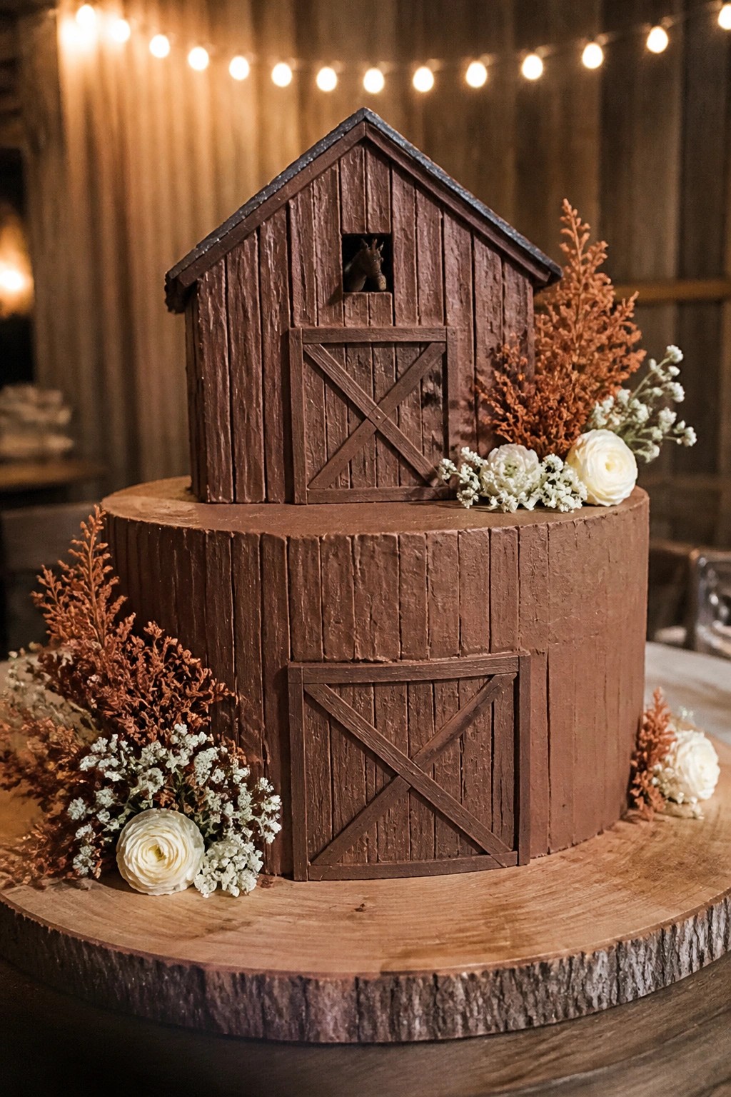 A two tiered brown barn shaped wedding cake with white flowers and rust foliage on a wooden slab