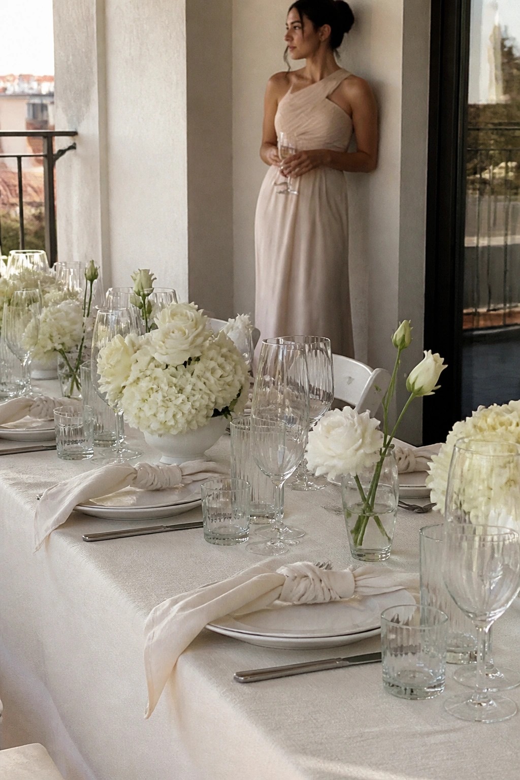 A woman in a blush gown holds a wine glass beside a wedding table set with white linens, white roses, hydrangeas, and clear glassware in a bright elegant space.