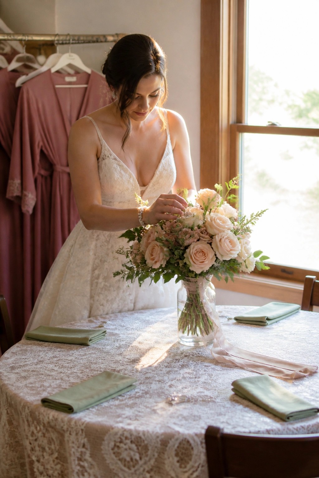 Bride in lace gown adjusts blush rose bouquet on lace table with sage napkins and dusty rose dresses in soft window light