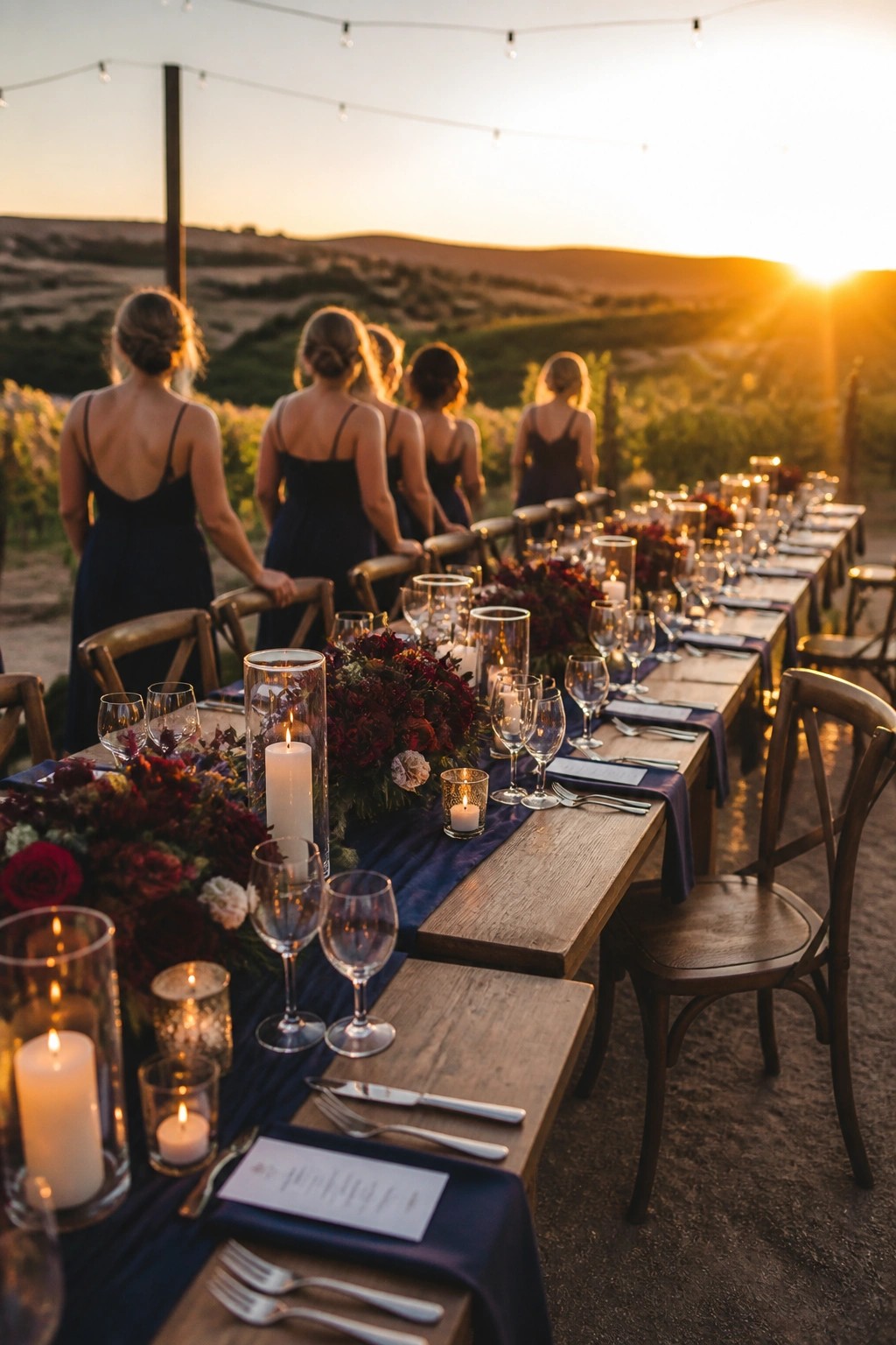 Outdoor wedding tablescape at sunset with navy linens, burgundy floral centerpieces, candles, and bridesmaids in navy dresses overlooking a vineyard landscape.
