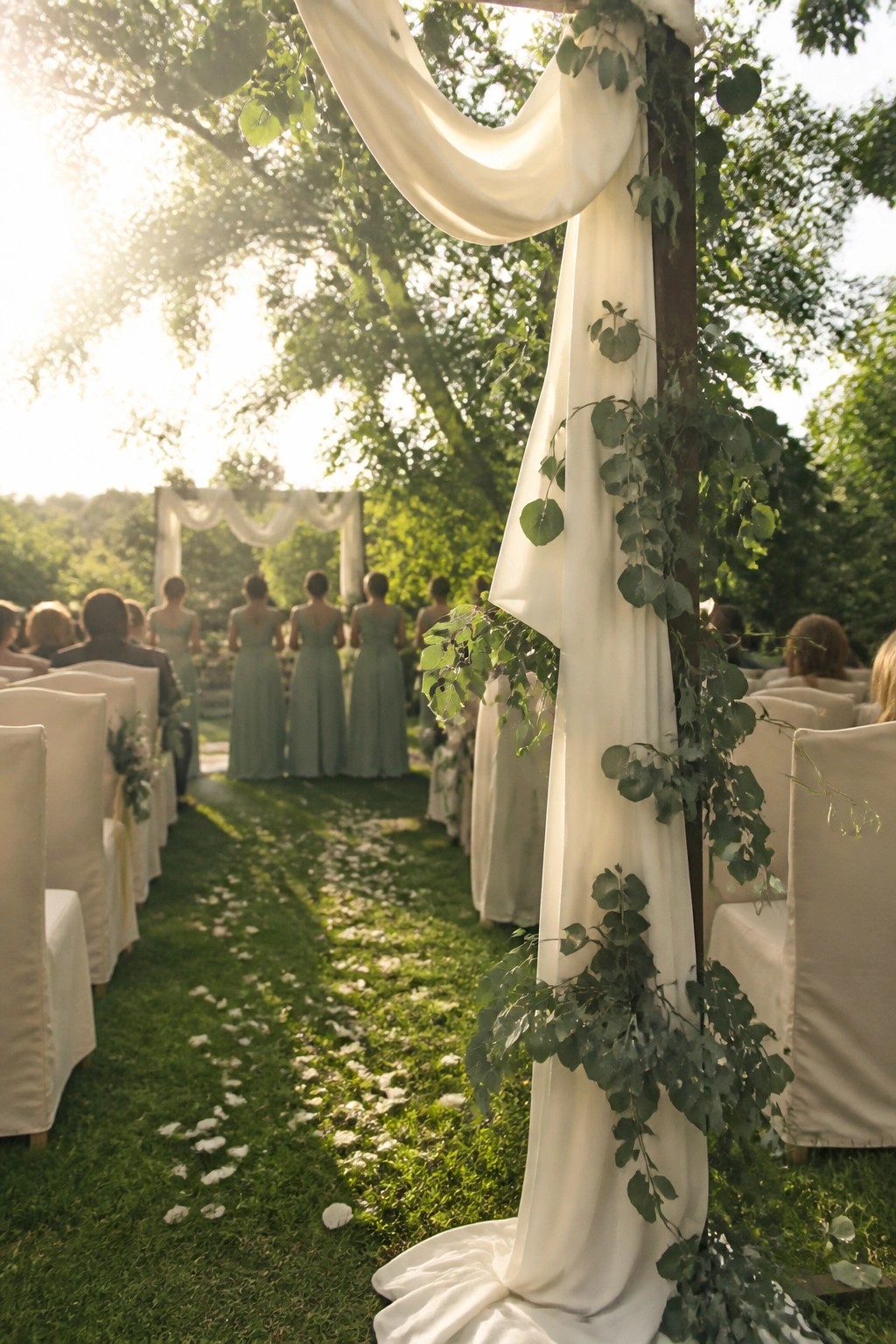 Outdoor wedding aisle with white draped arch greenery and sage bridesmaid dresses on a sunlit grass path lined with white chairs and petals.