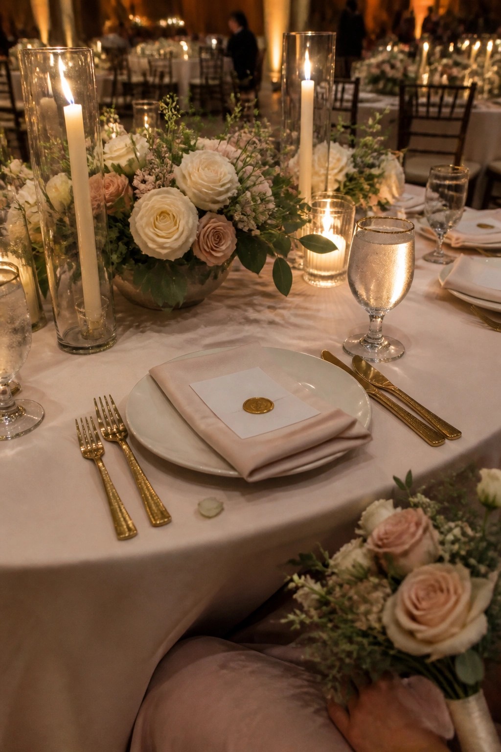 Elegant wedding table with white linens, blush pink napkins, gold flatware, and floral centerpieces of white and pink roses in tall glass candle holders.