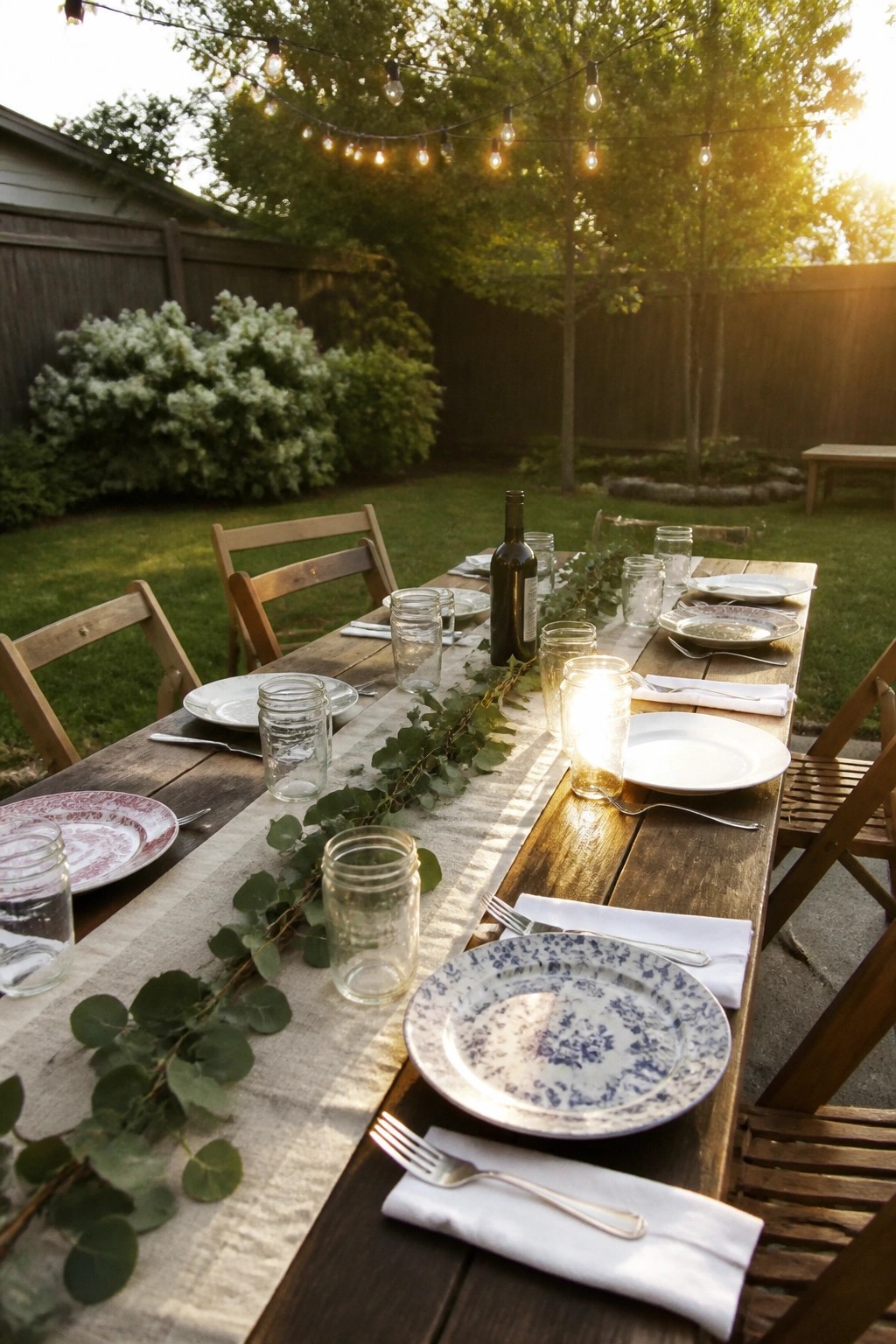 Outdoor wooden table set with blue and white plates mason jars and greenery under string lights at sunset in a backyard