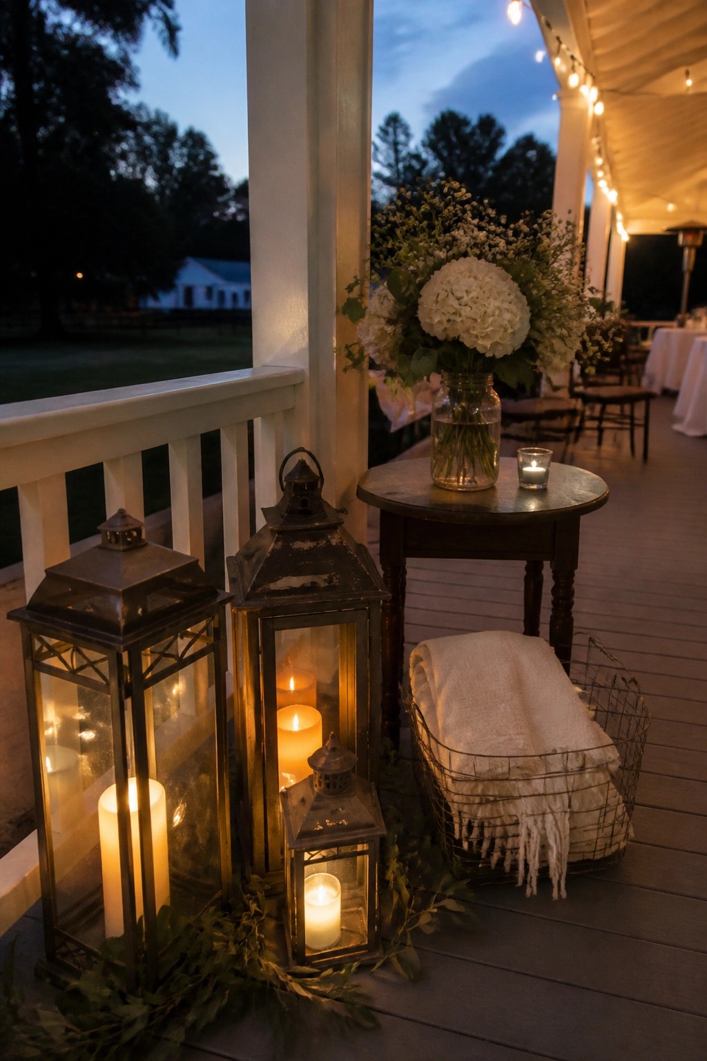 Wedding porch at dusk with glowing metal lanterns, white flower jar on table, wire basket with blanket, and string lights overhead.