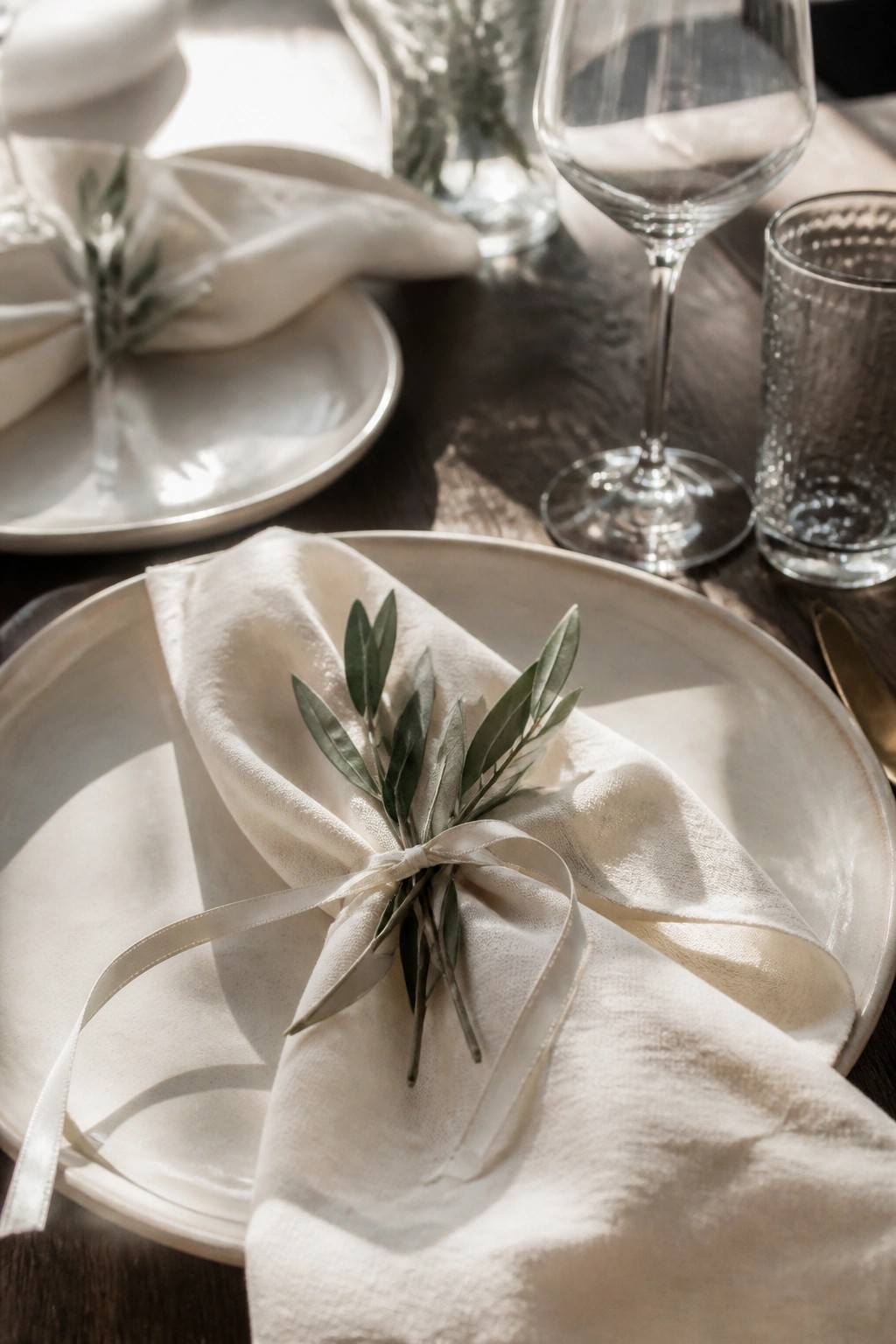 Close up of a white plate with a cream napkin tied by a white ribbon and olive sprig on a dark wood table with wine glasses in soft light