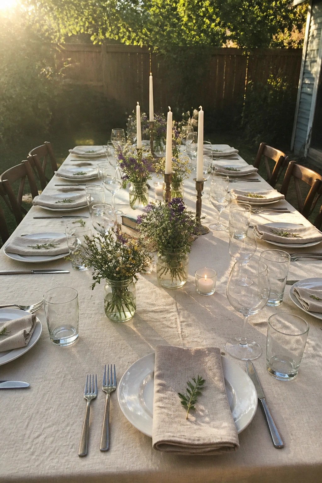 Long outdoor wedding table with linen cloth wooden chairs white plates beige napkins wildflower mason jars and lit candles under golden sunlight in a backyard garden.
