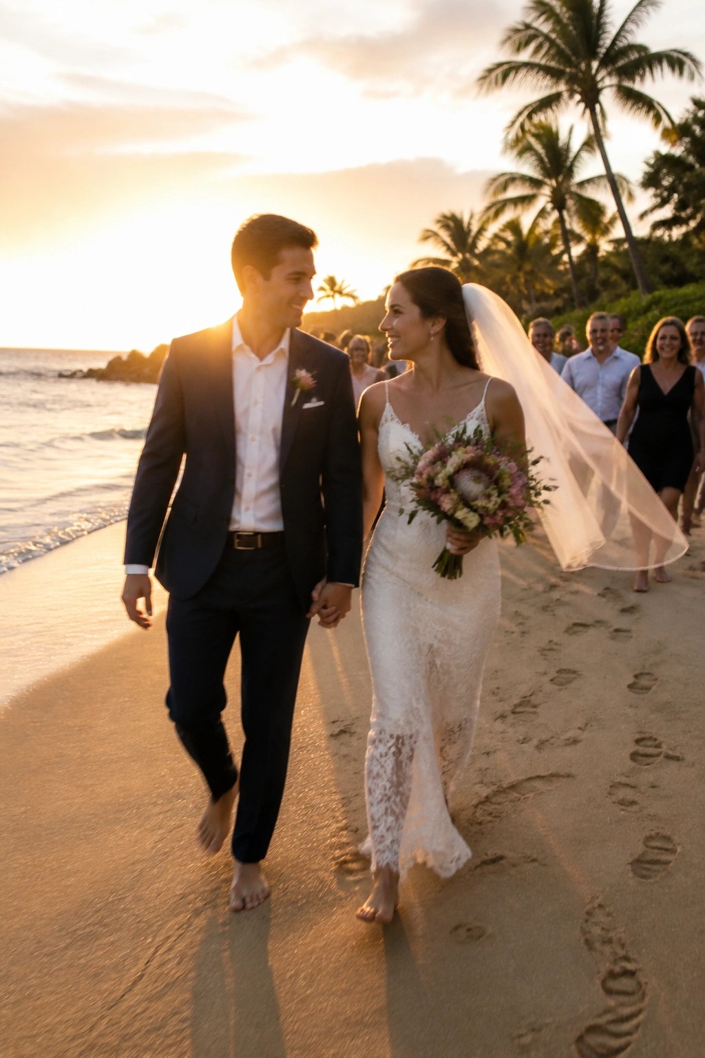 Bride and groom walk barefoot on a beach at sunset holding hands with palm trees and a small group of guests in the background.