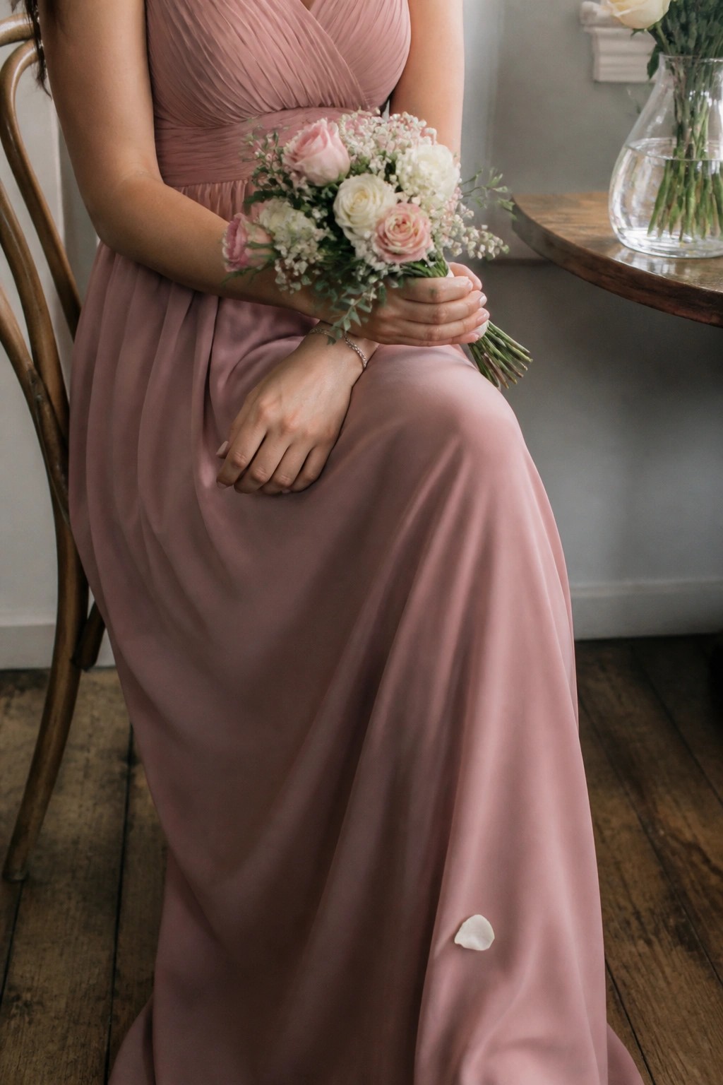 Woman in a soft pink dress seated while holding a pink and white floral bouquet with a petal on her lap in a simple indoor setting.