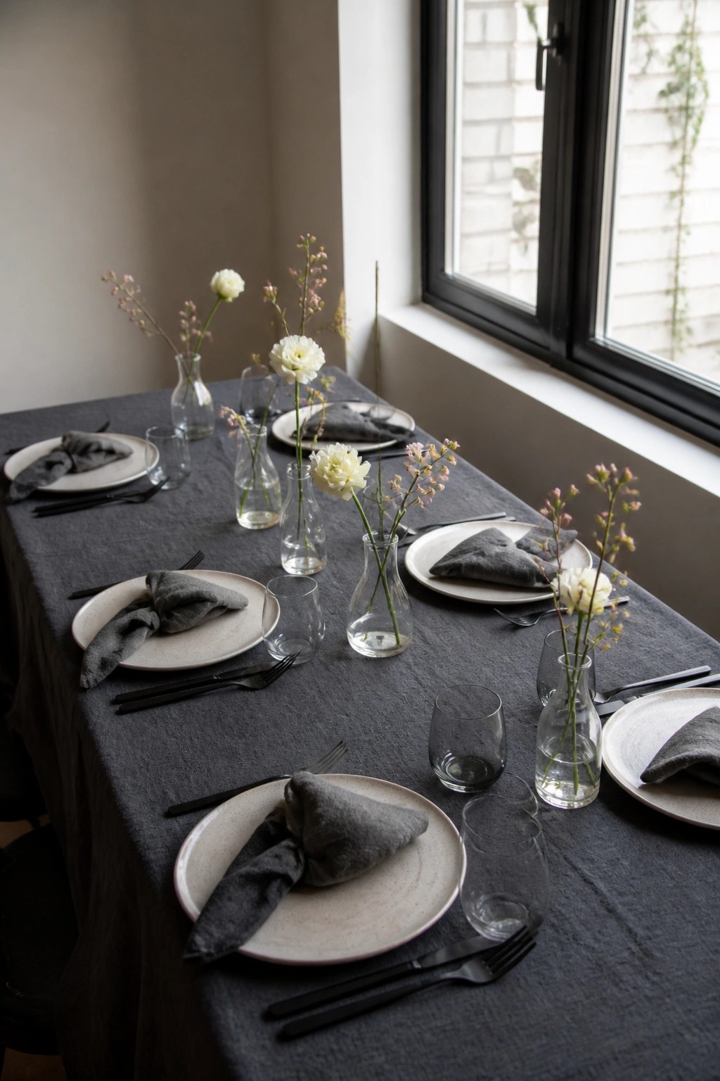 Minimalist wedding table with dark gray linens white plates gray napkins black cutlery and glass vases of white and pink flowers beside a large window