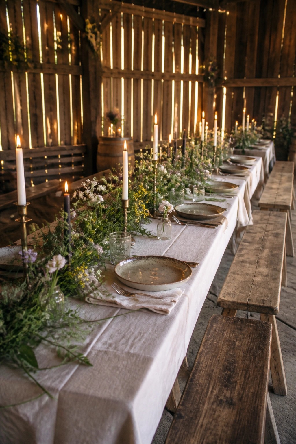 Long rustic wedding table in a wooden barn lined with wildflowers greenery and glowing candles on white linen with wooden benches and soft natural light.