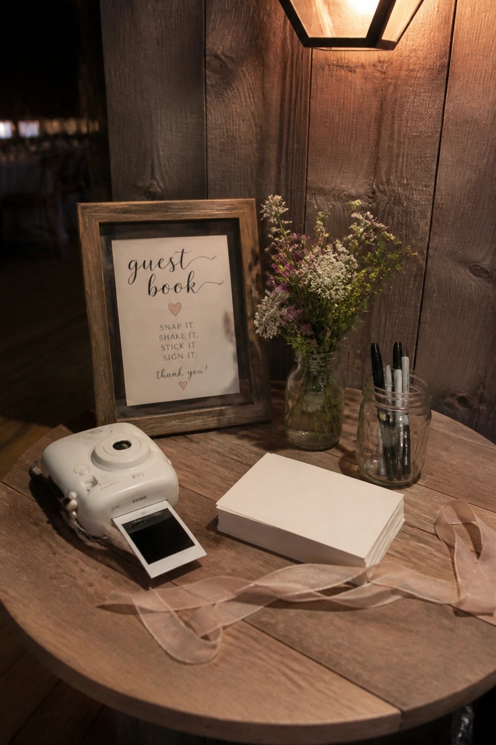 Rustic wooden table with white Polaroid camera, framed guest book sign, flower jar, pen jar, white cards, and ribbon under warm lighting.