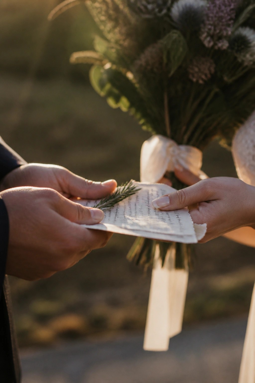 Close up of two hands holding a handwritten wedding vow note with a sprig of greenery and a wildflower bouquet in soft golden light.