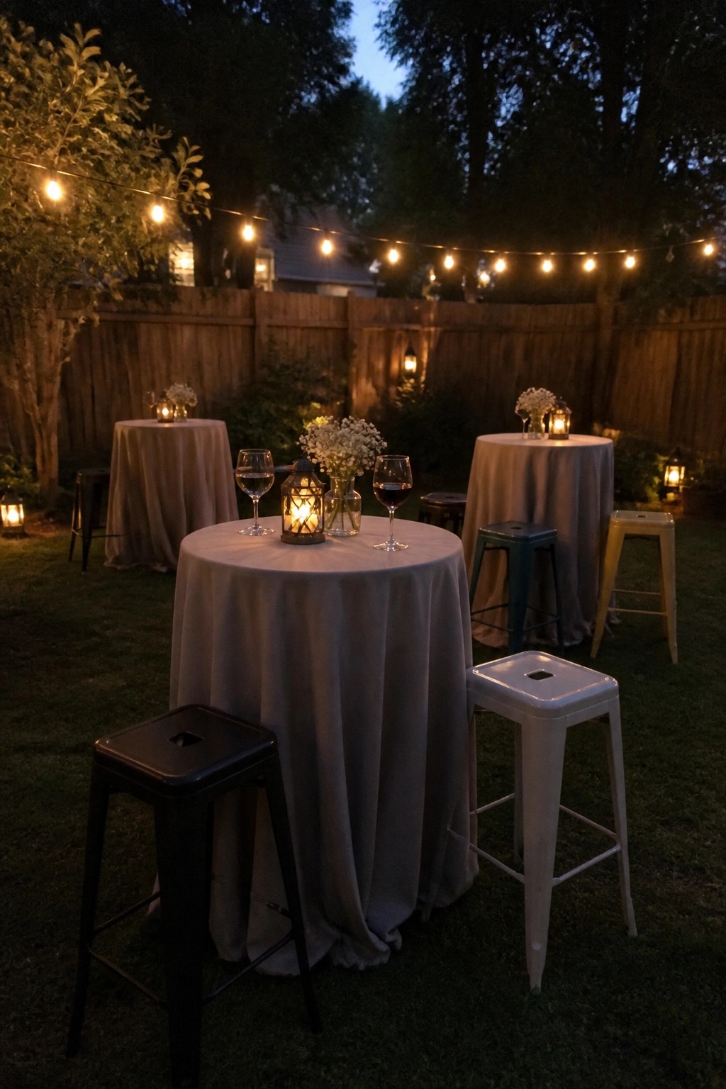 Backyard wedding tables with gray linens, string lights, lanterns, white flowers, and colorful stools at twilight.