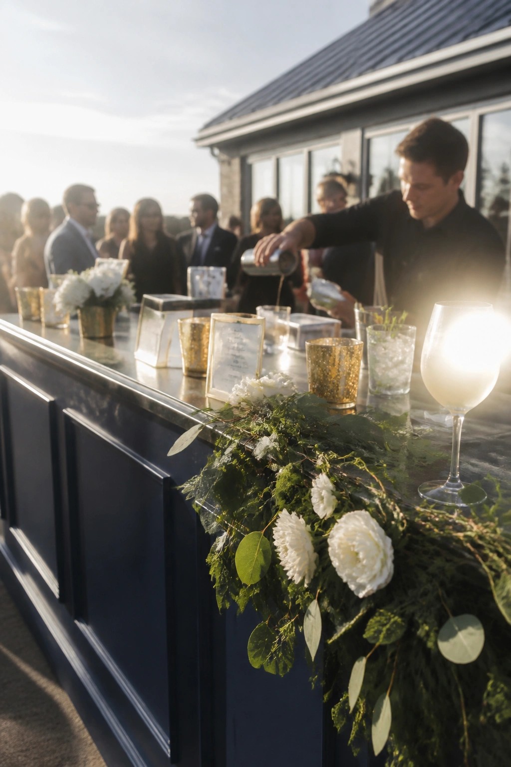 A navy blue wedding bar decorated with white flowers and green garland features gold glassware as a bartender serves drinks at sunset during a formal event.