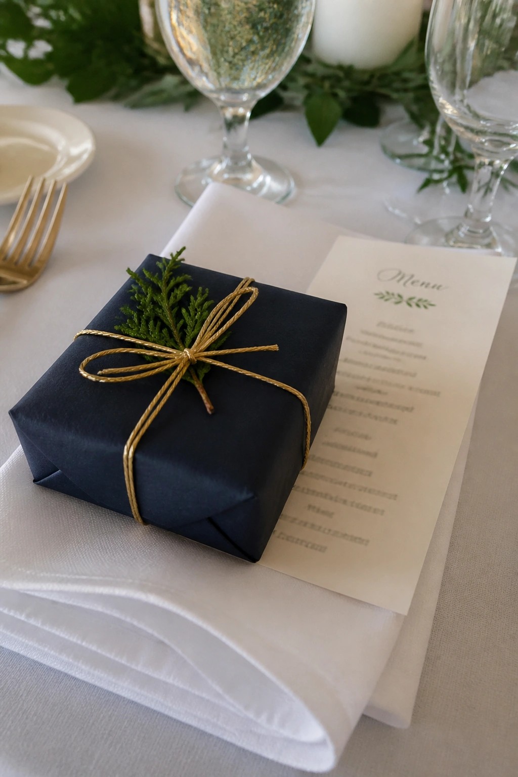A navy blue wedding favor with gold string and green foliage on a white napkin next to a menu at a formal table setting with glasses and greenery.