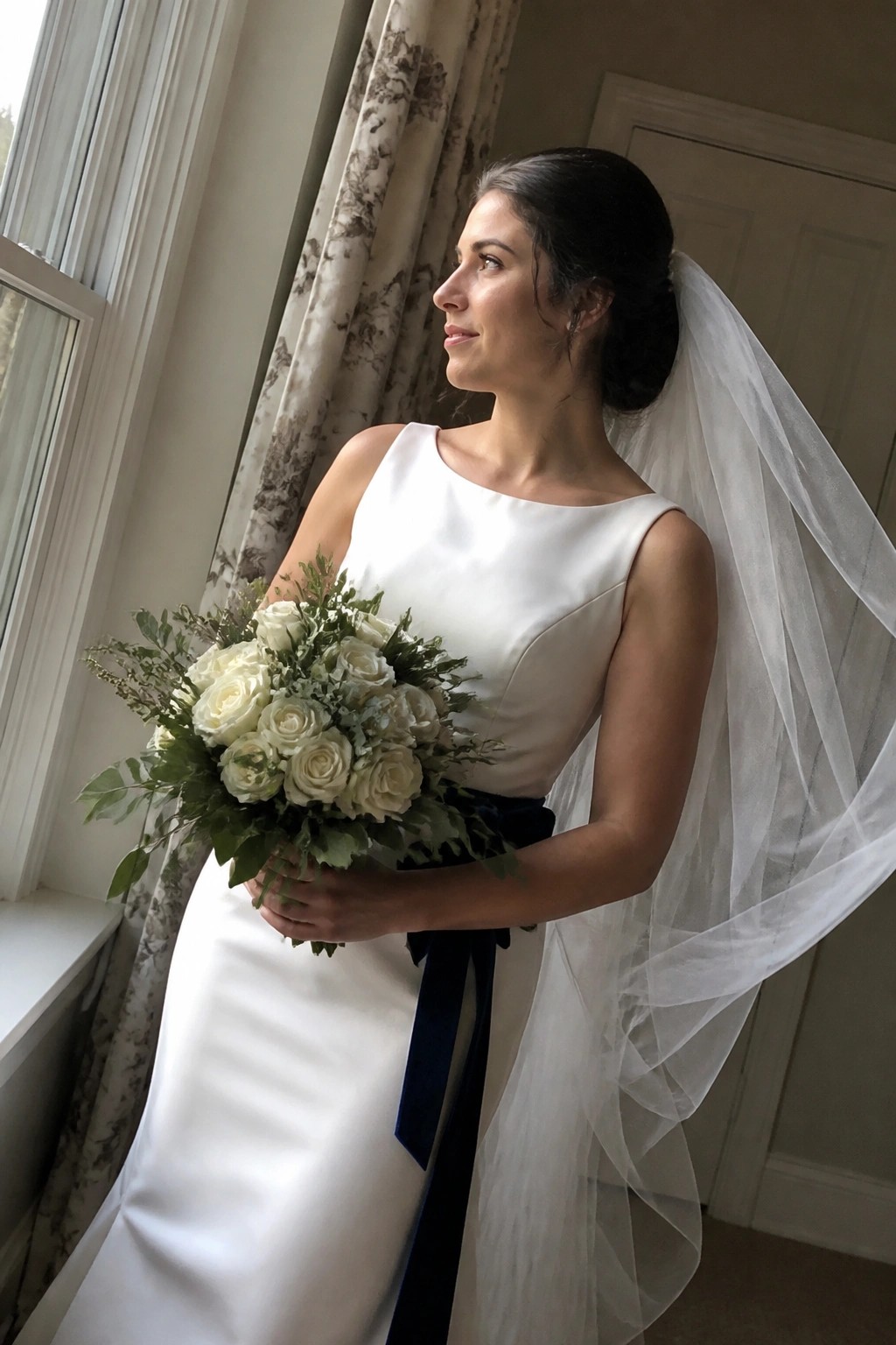 Bride in white sleeveless gown with navy sash holds white rose bouquet with greenery beside a window wearing a flowing veil