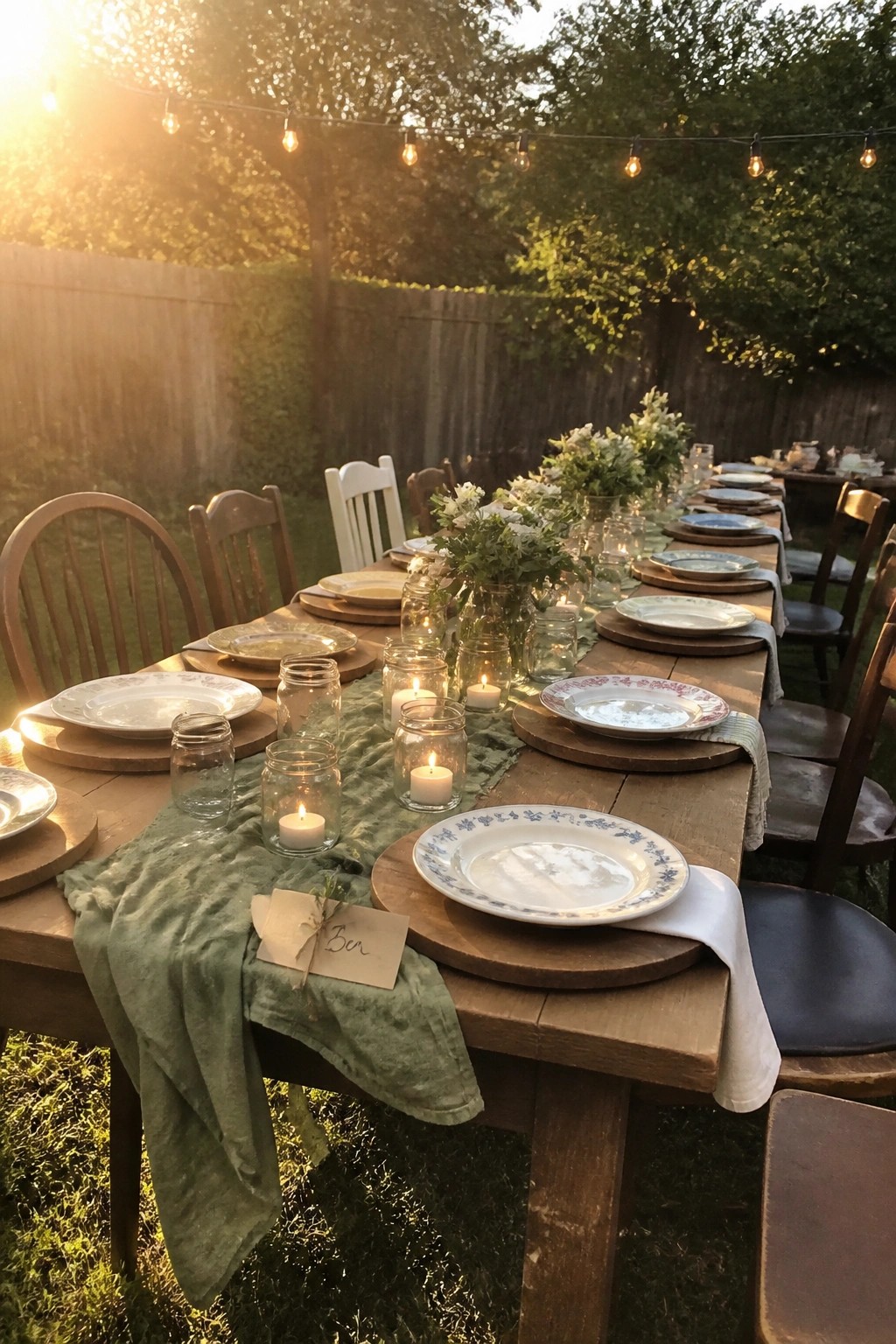 Outdoor wedding table at sunset with wooden chargers, patterned plates, green linens, mason jar candles, white florals, string lights, and mismatched chairs in a garden setting.