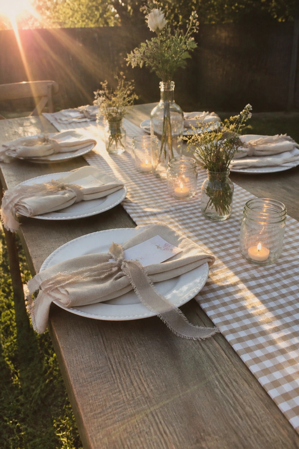 Outdoor wooden wedding table with gingham runner white plates beige napkins tied with ribbons and glass jars of lit candles and flowers in golden sunlight