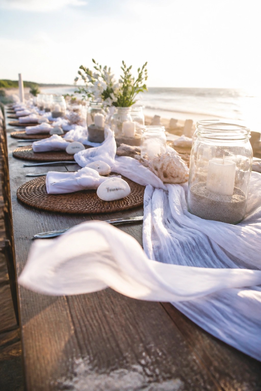 Long wooden beach table at sunset with woven placemats, white napkins, sand filled glass jars holding candles, seashells, white flowers, and stone place cards along the shore.