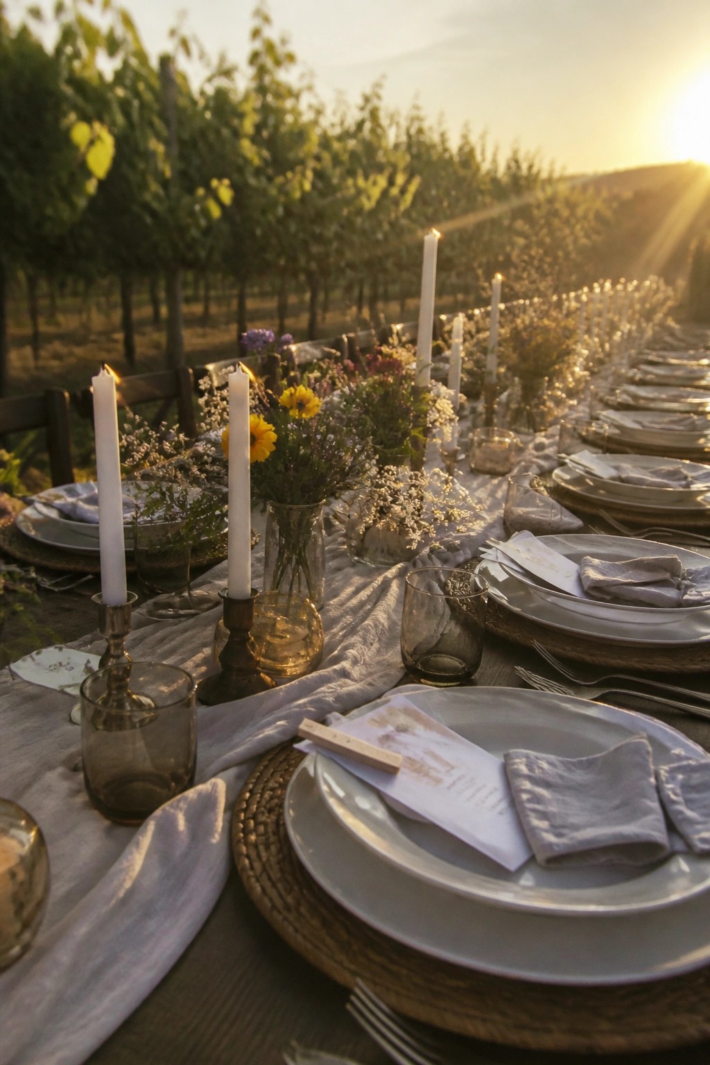 Long outdoor wedding table set with white candles wildflowers gray napkins and woven chargers in a vineyard at sunset