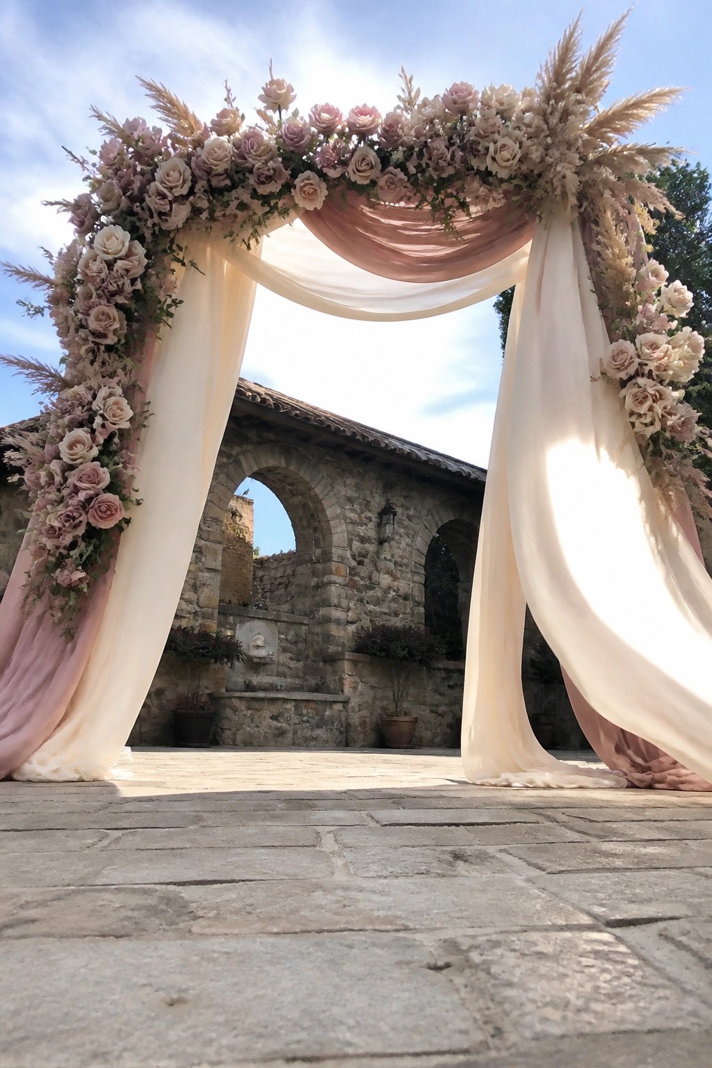 A floral wedding arch with blush pink roses mauve blooms and cream accents mixed with pampas grass and flowing white and pink fabrics stands before a historic stone building on a sunny patio.