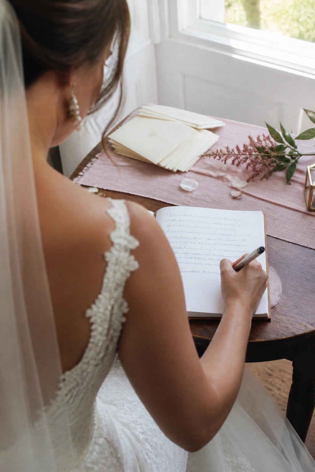 A bride in a lace wedding dress and veil writes in a notebook at a wooden table adorned with blush pink linens, cream envelopes, rose flowers, and crystals in soft natural light.
