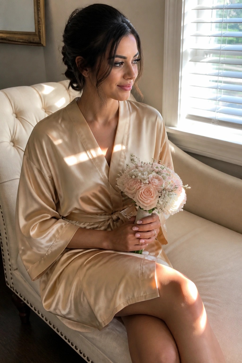 Bride in champagne satin robe holding blush pink rose bouquet on cream chair with soft window light