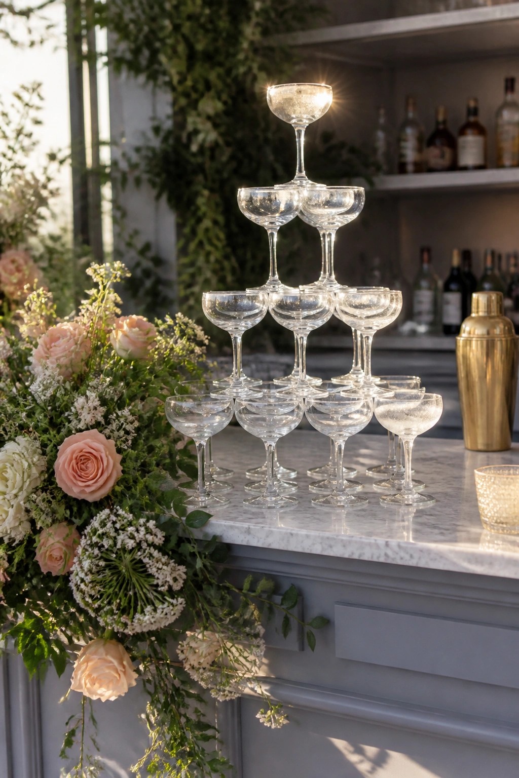 Pyramid of champagne coupe glasses with bubbly next to a lush arrangement of blush pink and cream roses on a marble wedding bar counter
