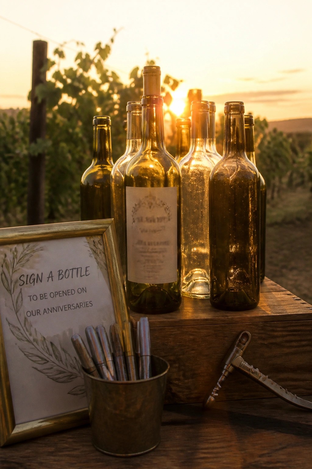 Empty wine bottles arranged on a wooden crate in a vineyard at sunset with a sign inviting guests to sign bottles for future anniversaries along with markers and a corkscrew.