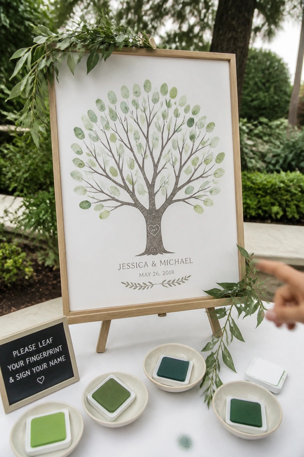 Framed fingerprint tree guest book with green ink pads and invitation sign at outdoor wedding reception