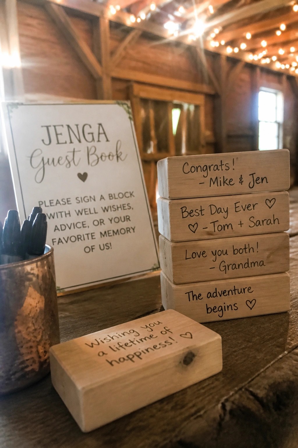 Wooden Jenga blocks stacked with handwritten wedding messages beside a guest book sign in a rustic barn with string lights.