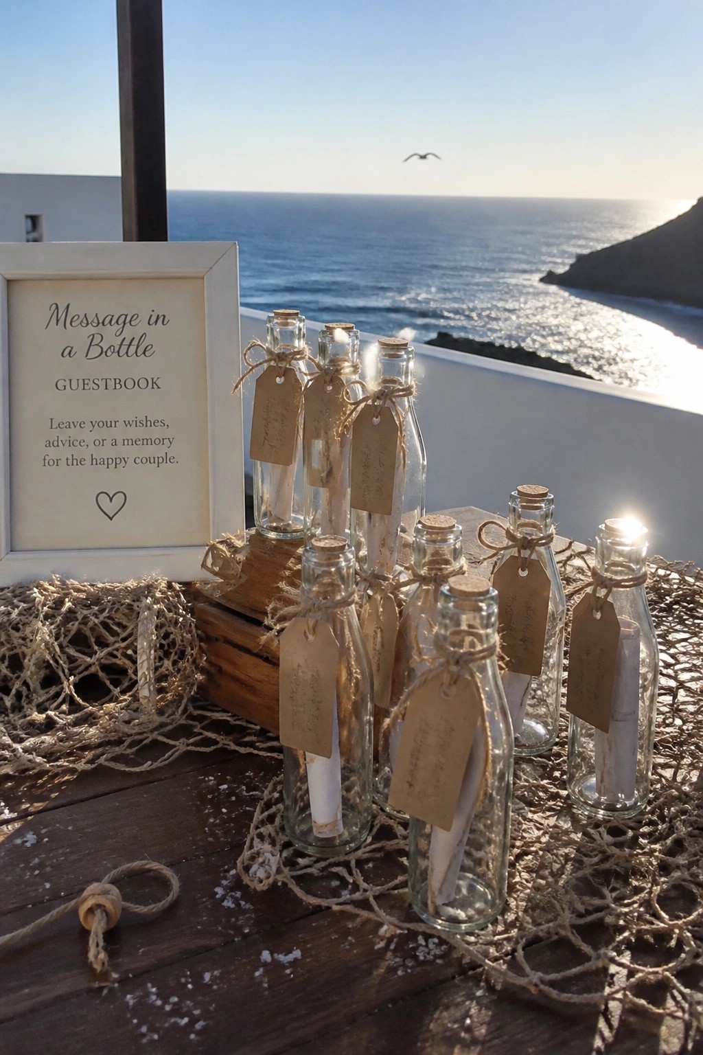 Glass bottles with notes and tags arranged as a guestbook on a wooden table by the ocean with a framed sign reading Message in a Bottle Guestbook.