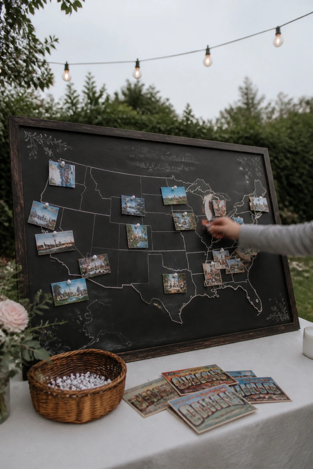 Chalkboard USA map with pinned vintage postcards at an outdoor wedding guest book table under string lights.