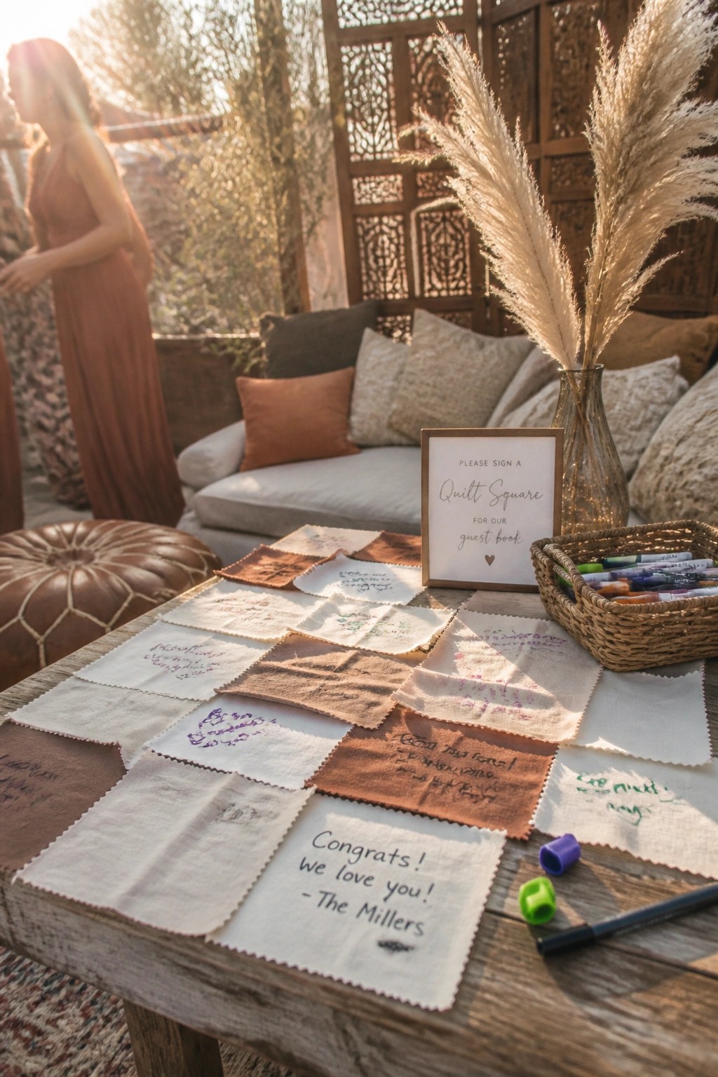 Outdoor wedding table with fabric quilt squares signed by guests using markers, a sign inviting signatures, and pampas grass decor at sunset.