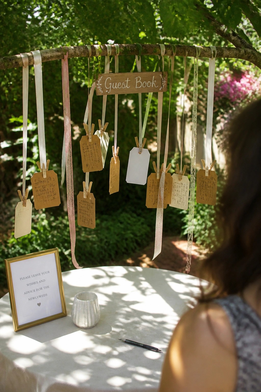 Outdoor wedding guest book with hanging wooden branch ribbons and clothespin tags for handwritten messages in a garden setting with a table sign for wishes and advice.