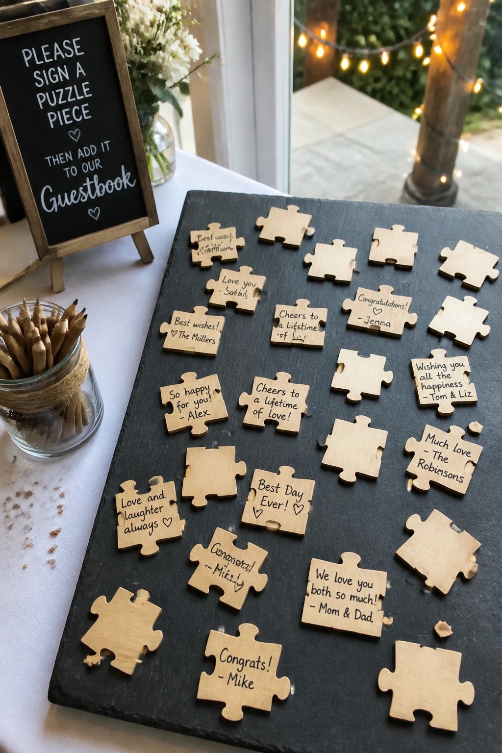 Wooden puzzle pieces with handwritten guest messages arranged on a black slate board next to a chalkboard sign and jar of pencils at a wedding guestbook table