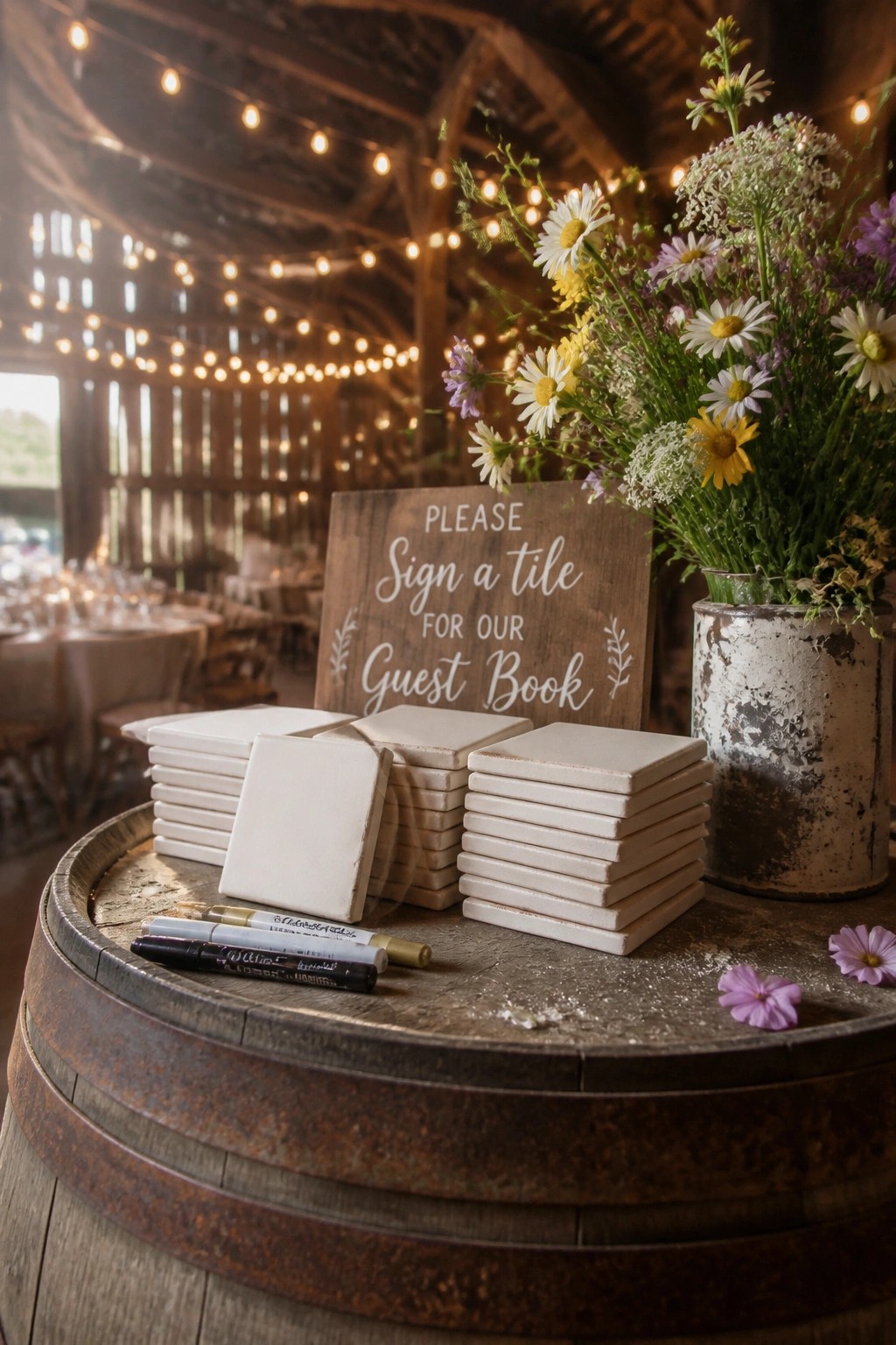 Rustic wedding guest book station featuring stacks of white tiles on a barrel with markers a wooden sign and a vase of wildflowers inside a barn with string lights.