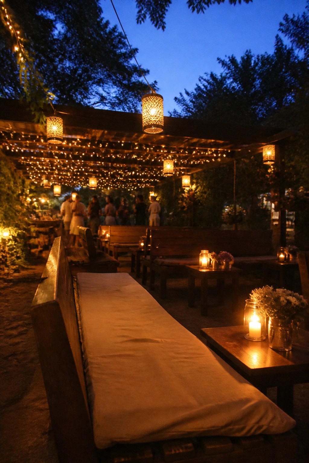 Romantic outdoor wedding reception at dusk featuring wooden benches with white cushions, string lights, lanterns, and candlelit tables under a wooden pergola.
