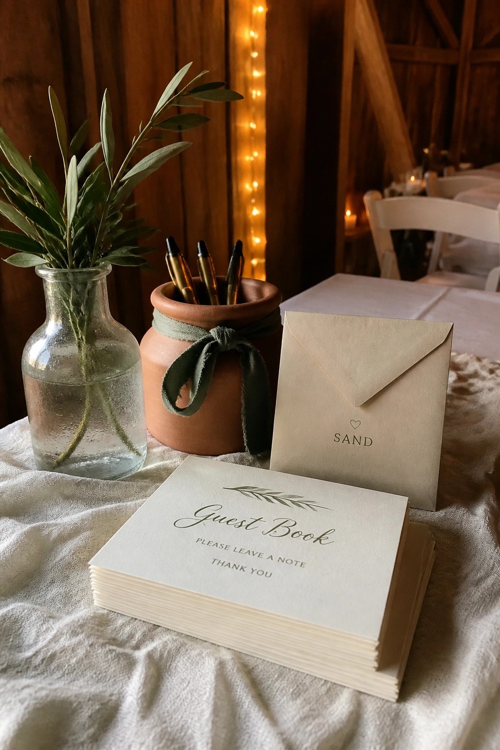 A boho wedding guest book table with cream cards, terracotta pen holder tied in olive ribbon, sand envelope, and fresh greenery in a glass vase on white linen with string lights in the background.