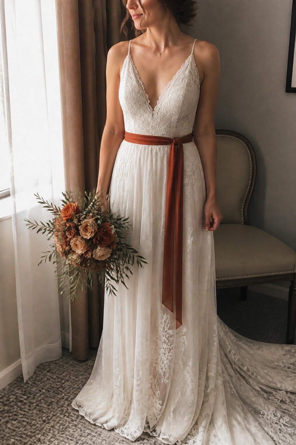 Bride in cream lace gown with rust sash holds terracotta rose bouquet in sunlit room