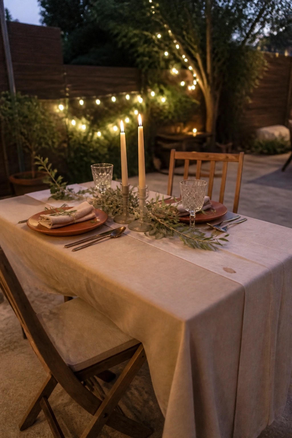 Outdoor boho wedding table at dusk with terracotta plates, cream candles, olive garlands, and string lights on a sand linen cloth.