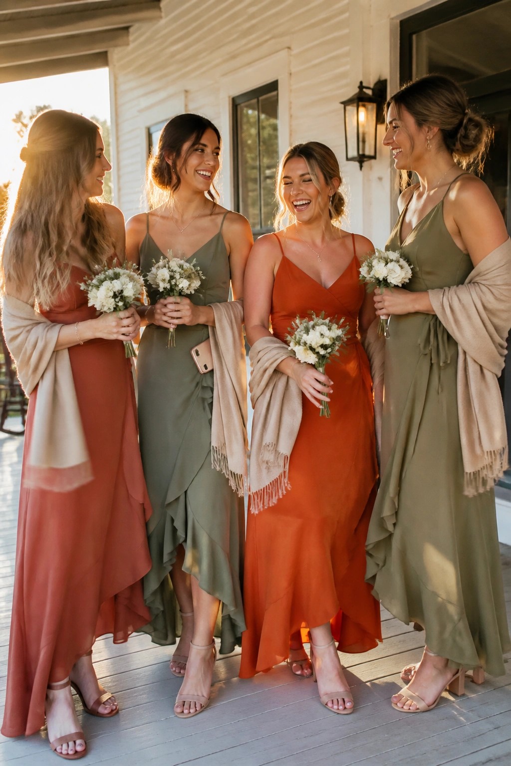 Four bridesmaids in terracotta rust and olive green dresses with cream shawls stand laughing on a porch holding white flower bouquets during golden hour.