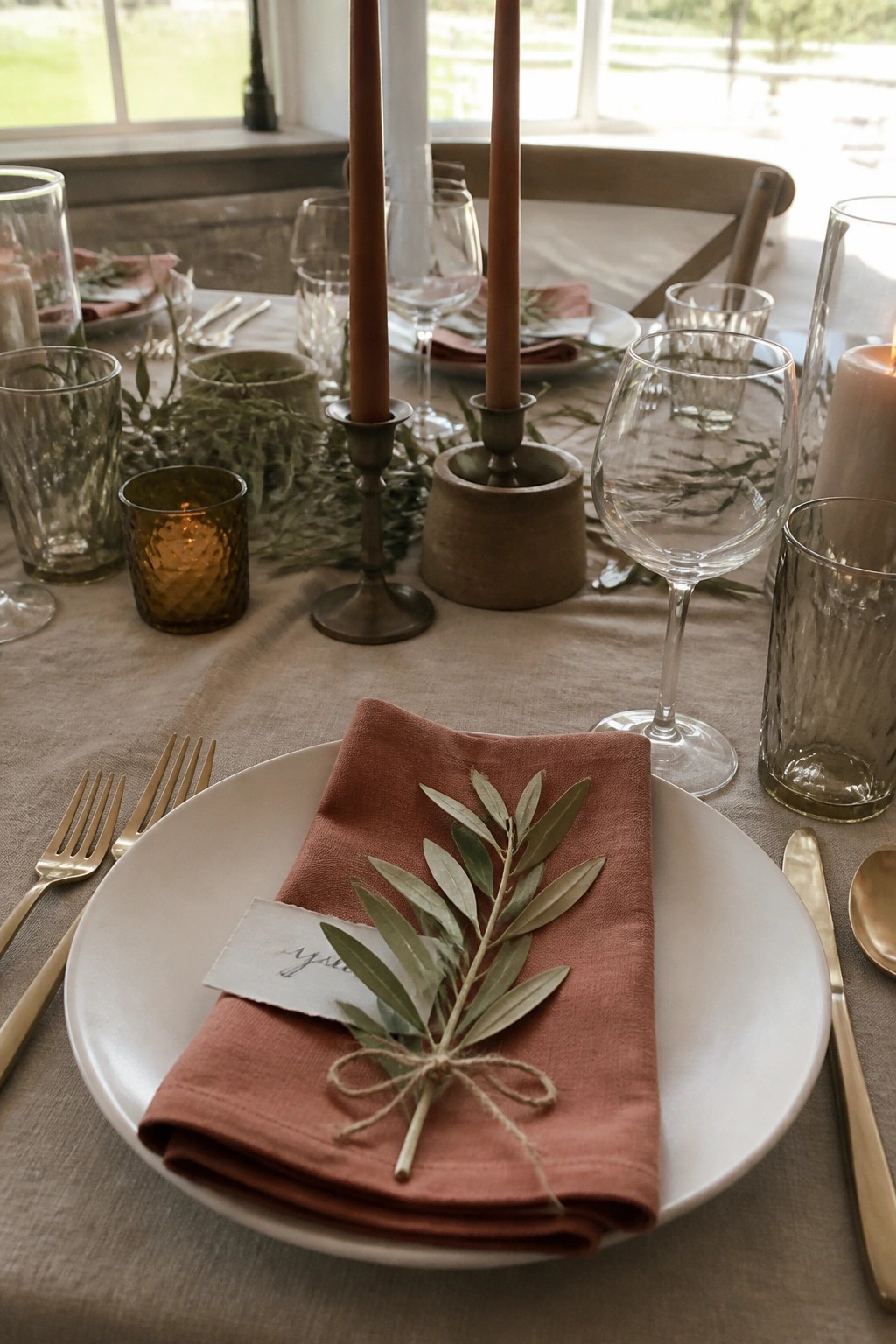 Close up of modern boho wedding place setting with white plate terracotta napkin olive branch gold cutlery and candles on neutral tablecloth