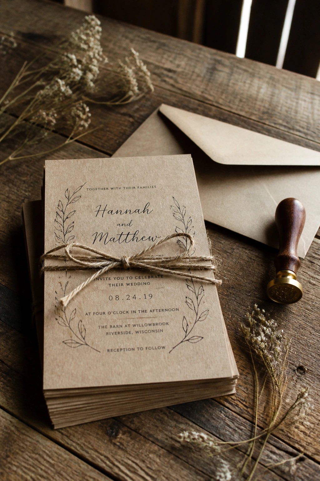 Rustic kraft paper wedding invitations tied with twine on a wooden table with dried flowers an envelope and a wax seal stamp in warm natural lighting