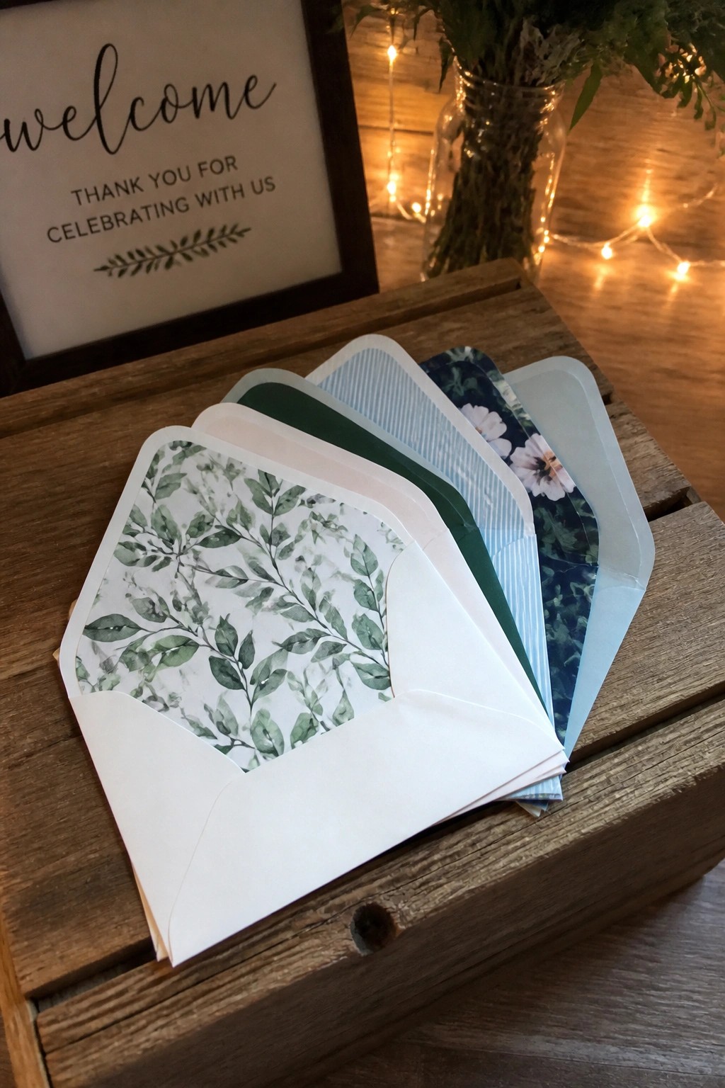 A fan of decorative wedding envelopes with botanical and striped liners displayed on rustic wood beside a welcome sign and fairy lights