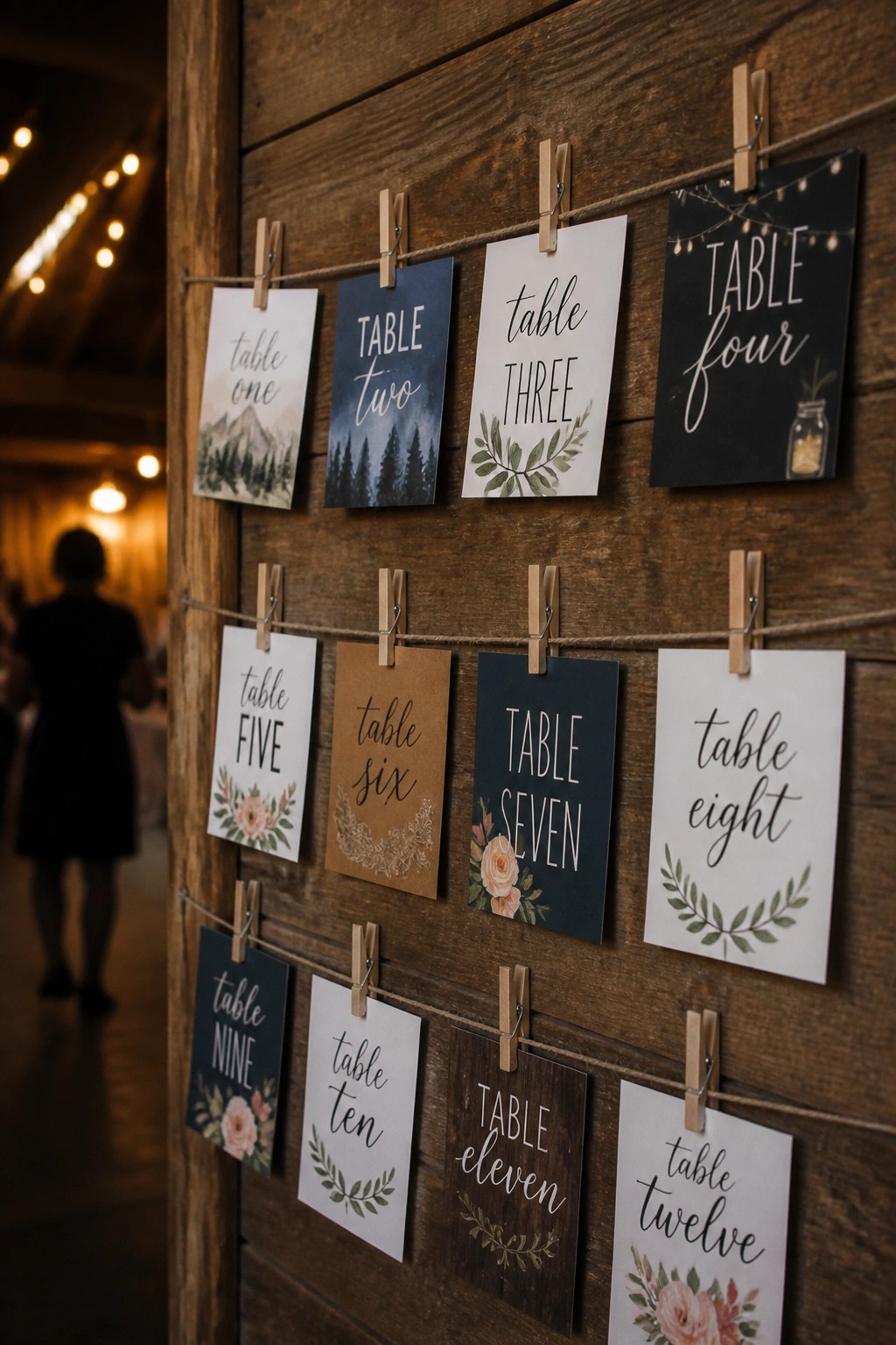 Assorted table number cards clipped with wooden pins to twine on a rustic wood wall, featuring watercolor, floral, and typographic designs in soft wedding colors.